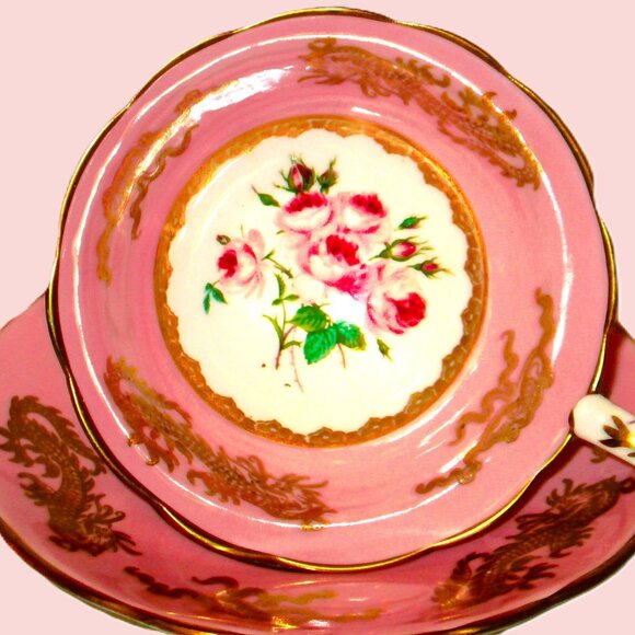 Vtg Royal Stafford bouquet of pink roses,rosebuds,greenery pedestal teacup set - Picture 4 of 12